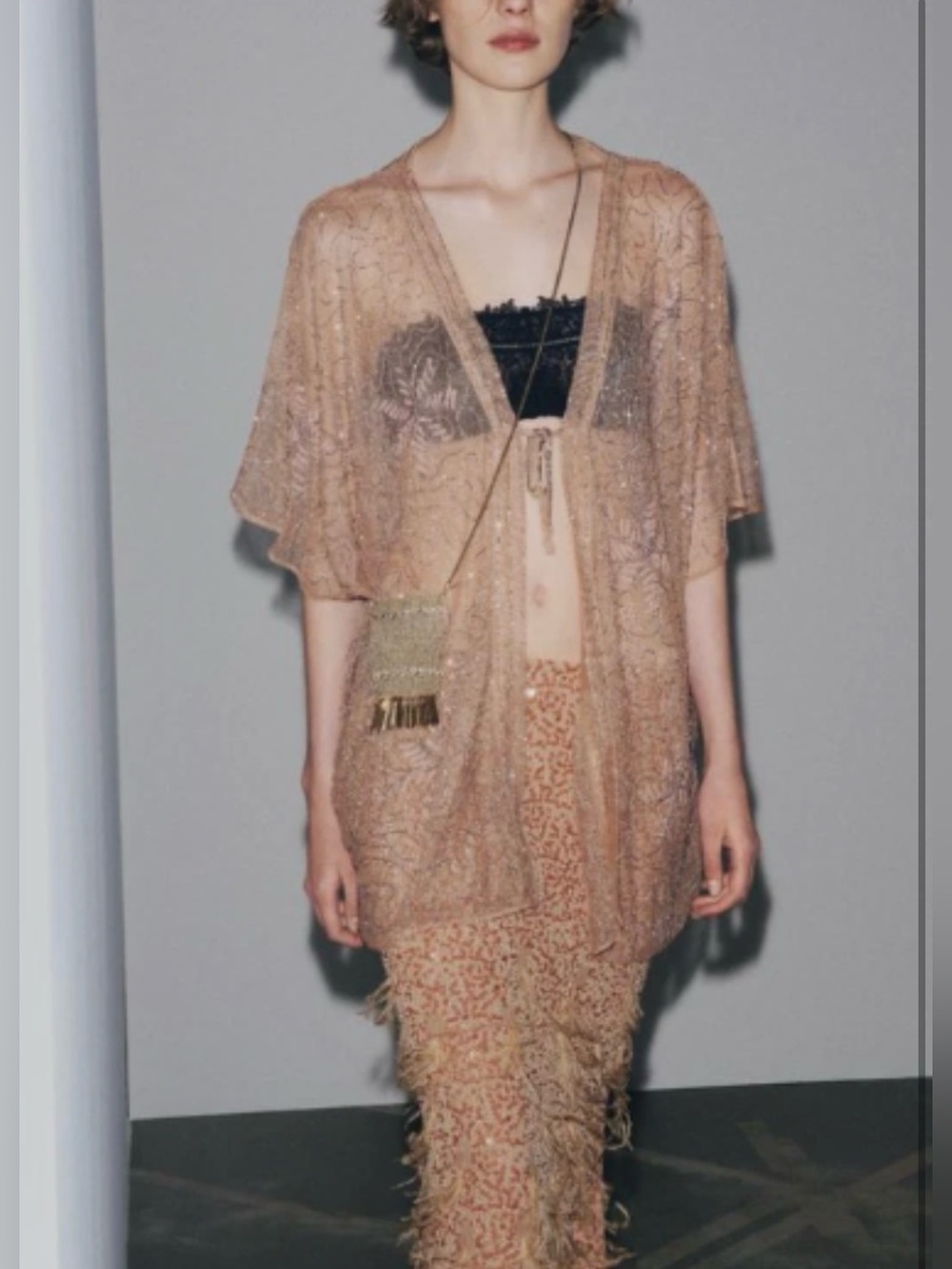 Zara Sequin Beaded Embroidered Kimono Blouse Kaftan Sheer Beige Pink Med - Large - Picture 7 of 16